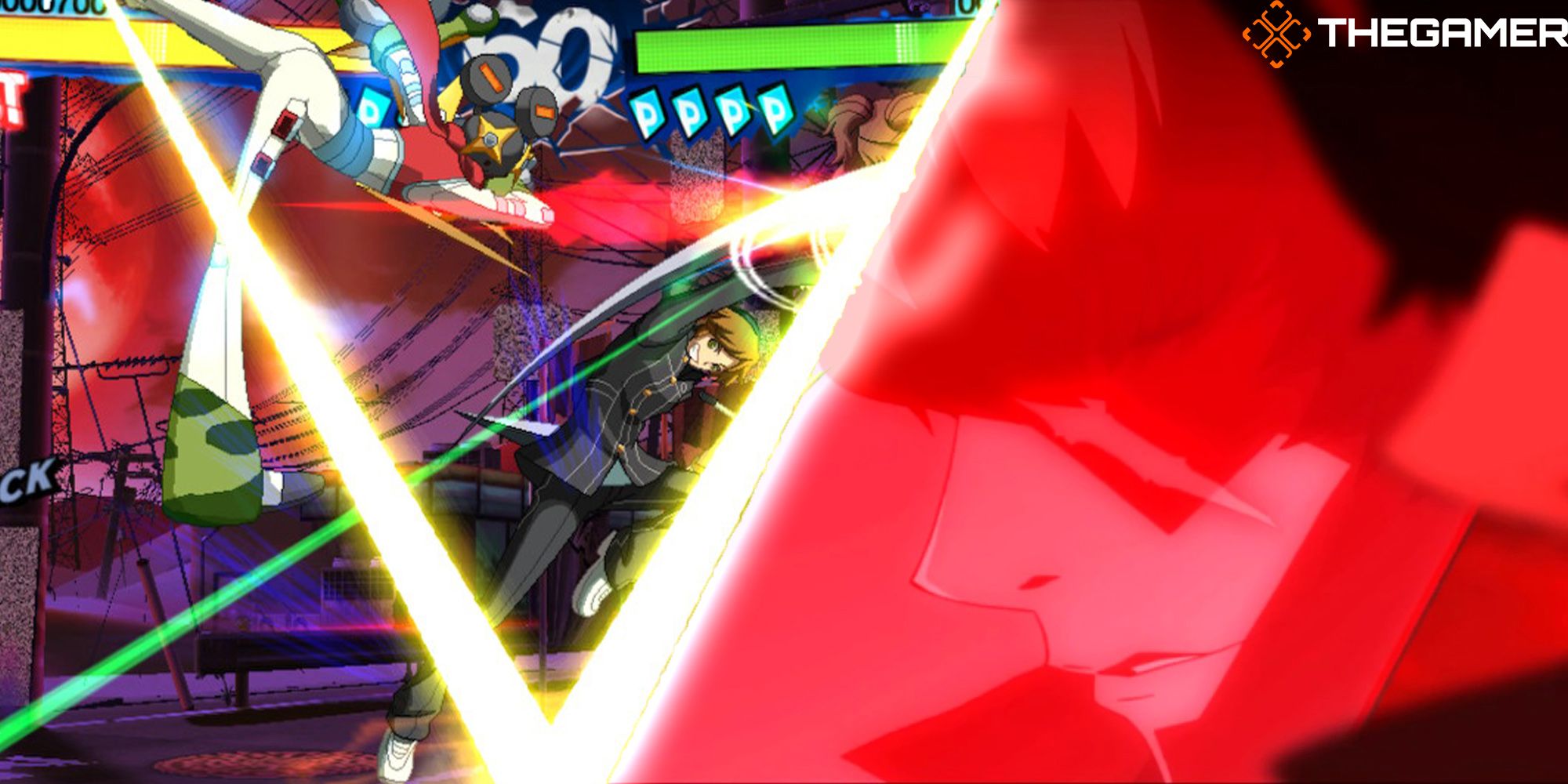 On left, Yosuke Hanamura unleashes Flying Flash Cut in the town of Inaba. On right, Sho Minazuki is seen through the reflection of his sword. Custom Image. Persona 4 Arena Ultimax.