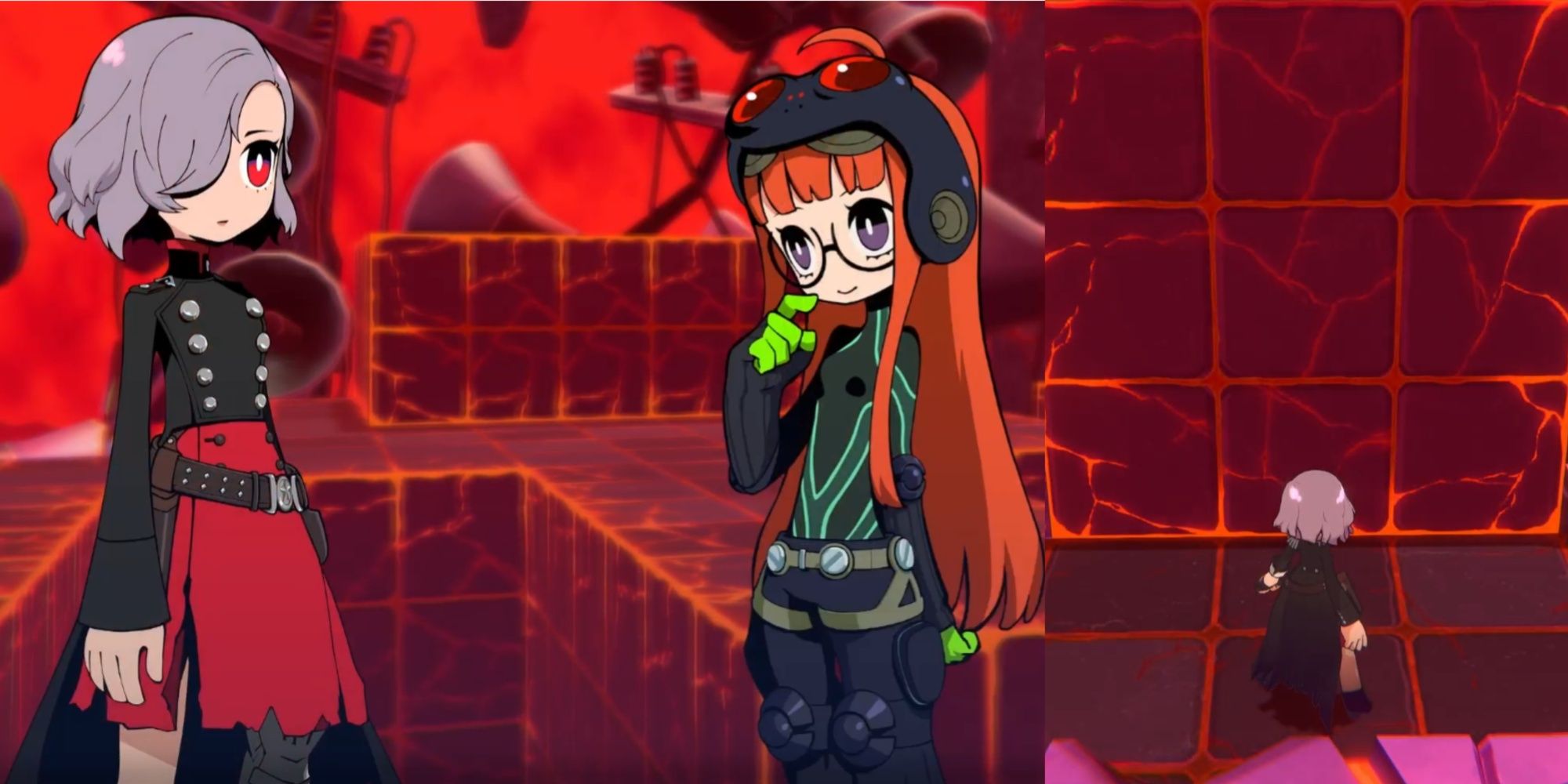 Un collage de Erina y Futaba hablando con Erina en el campo para Quest 12 en Persona 5 Tactica.