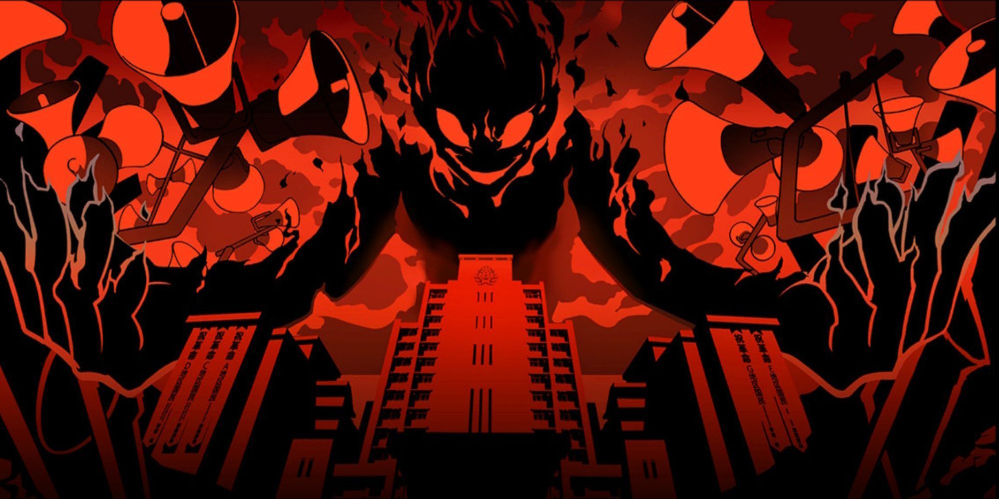 Una captura de pantalla de Persona 5 Tactica que muestra al verdadero jefe final del tercer reino, una silueta ardiente de Shadow Toshiro.
