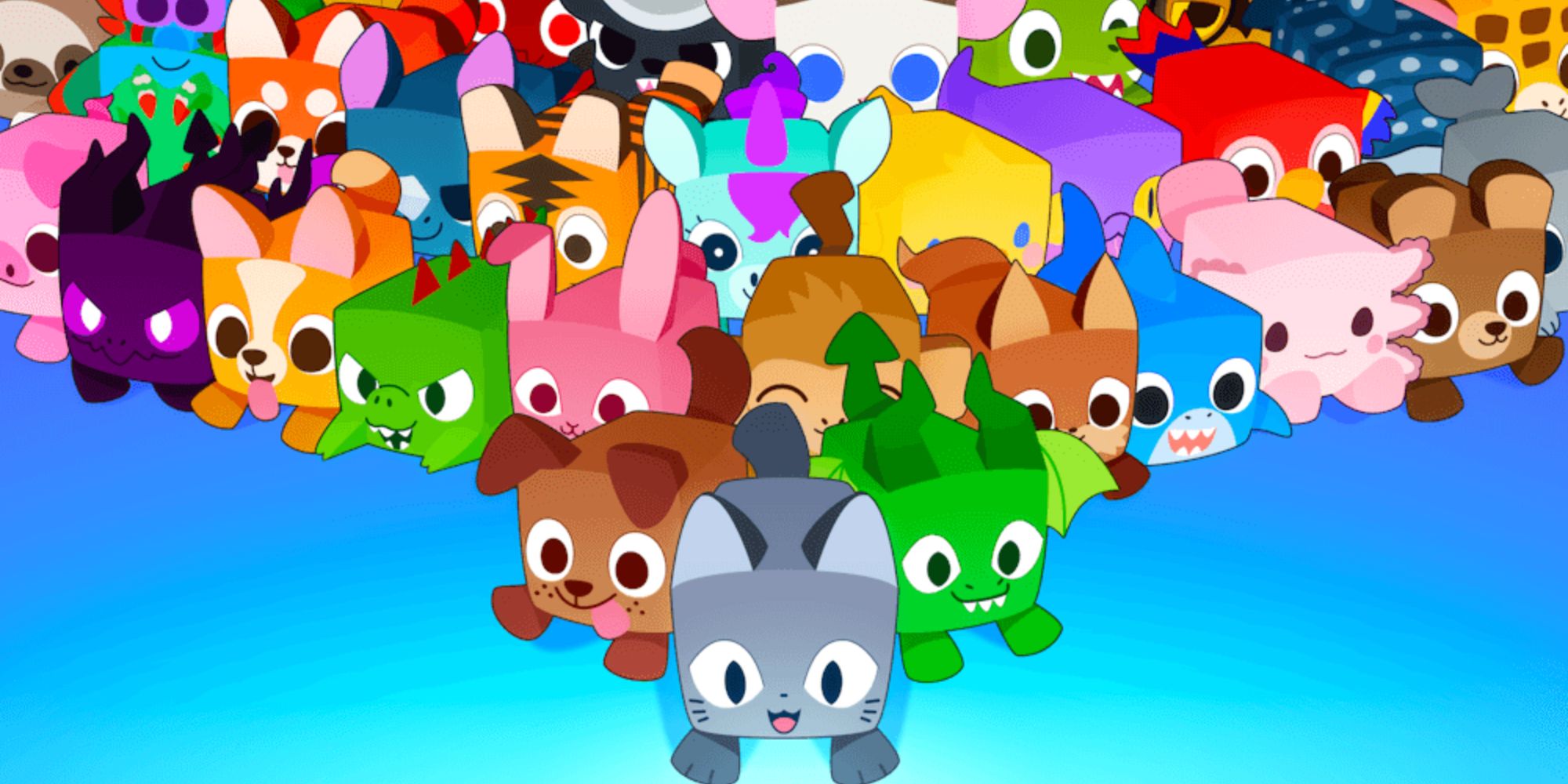la imagen promocional oficial de Pet Simulator 99, que muestra un gran grupo de mascotas lideradas por un gato.