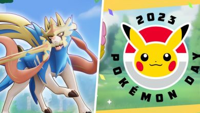 Image of Zacian split with an image of Pikachu with the text