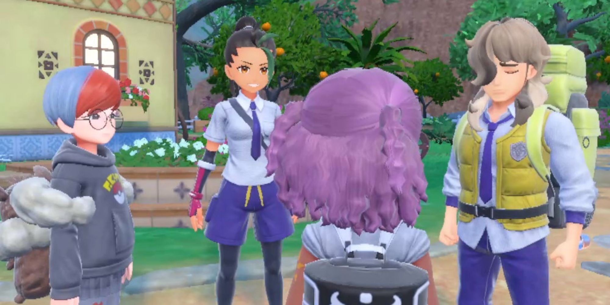 Una captura de pantalla de Pokémon Violet con el jugador, Penny, Nemona y Arven.
