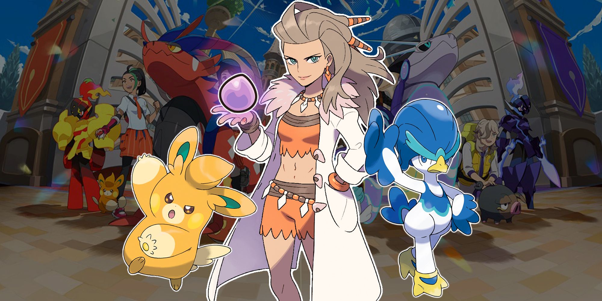 Pokémon Escarlata y Violeta: Cómo conseguir que aparezca Eviolite (Profesora sosteniendo una Eviolita con dos Pokémon a su lado)