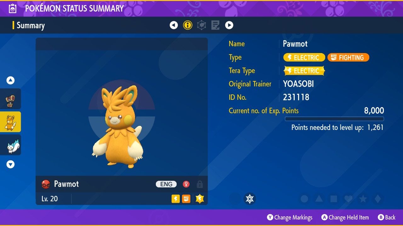 Resumen del estado de Pokémon Pawmott de Yoasobi en Pokémon Escarlata y Violeta.
