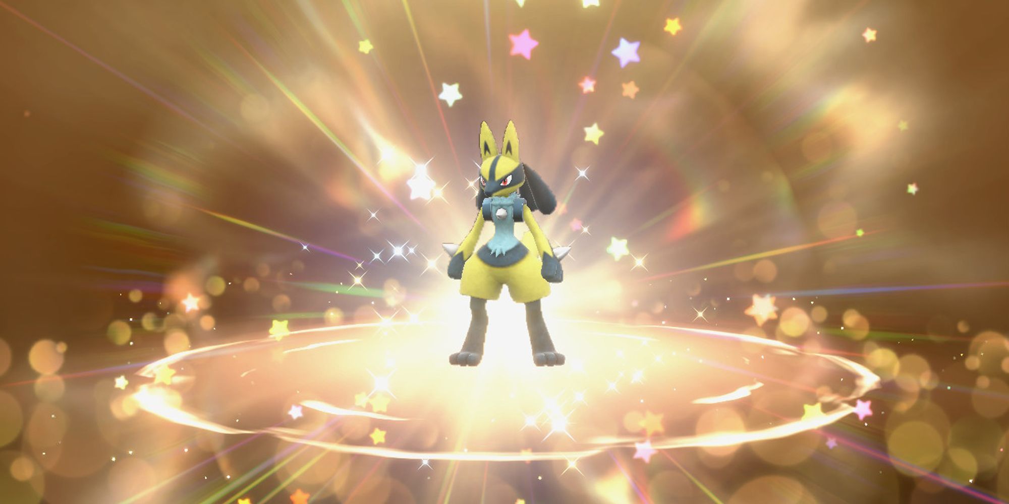 Lucario brillante rodeado de estrellas, tal como se obtiene a través de la opción Regalo misterioso en Pokémon Escarlata y Violeta.