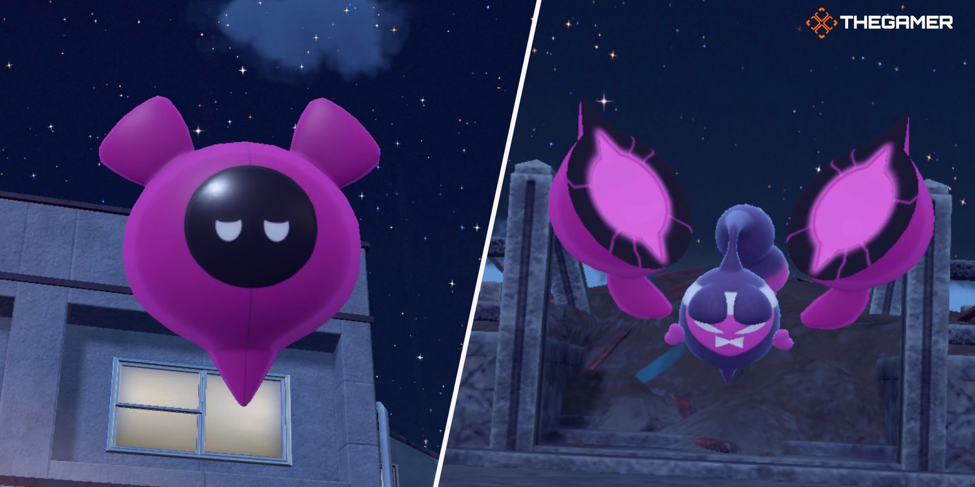 A la izquierda, el caparazón morado de Pecharunt, parecido a un peluche. Bien, un Pecharunt enojado al aire libre.