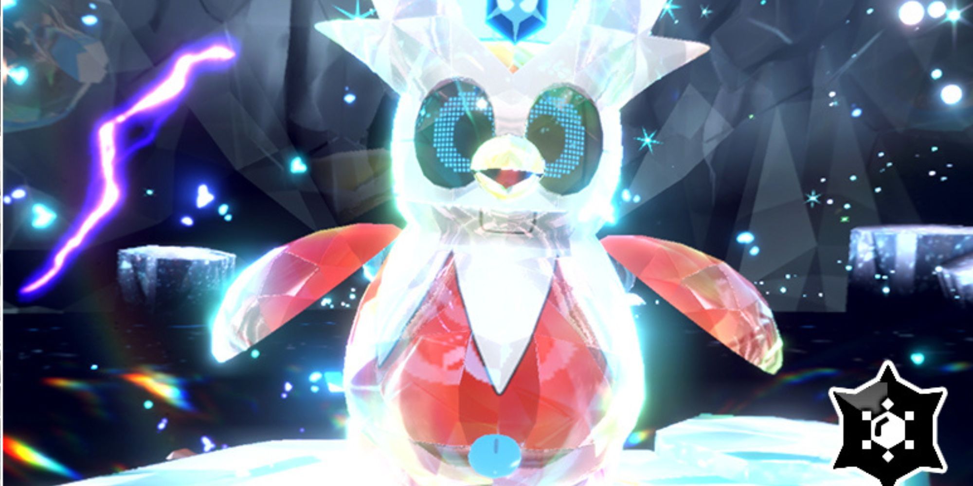 Una captura de pantalla de Iron Bundle en una guarida de Tera Raid, con un emblema tipo hielo negro en la esquina inferior derecha.