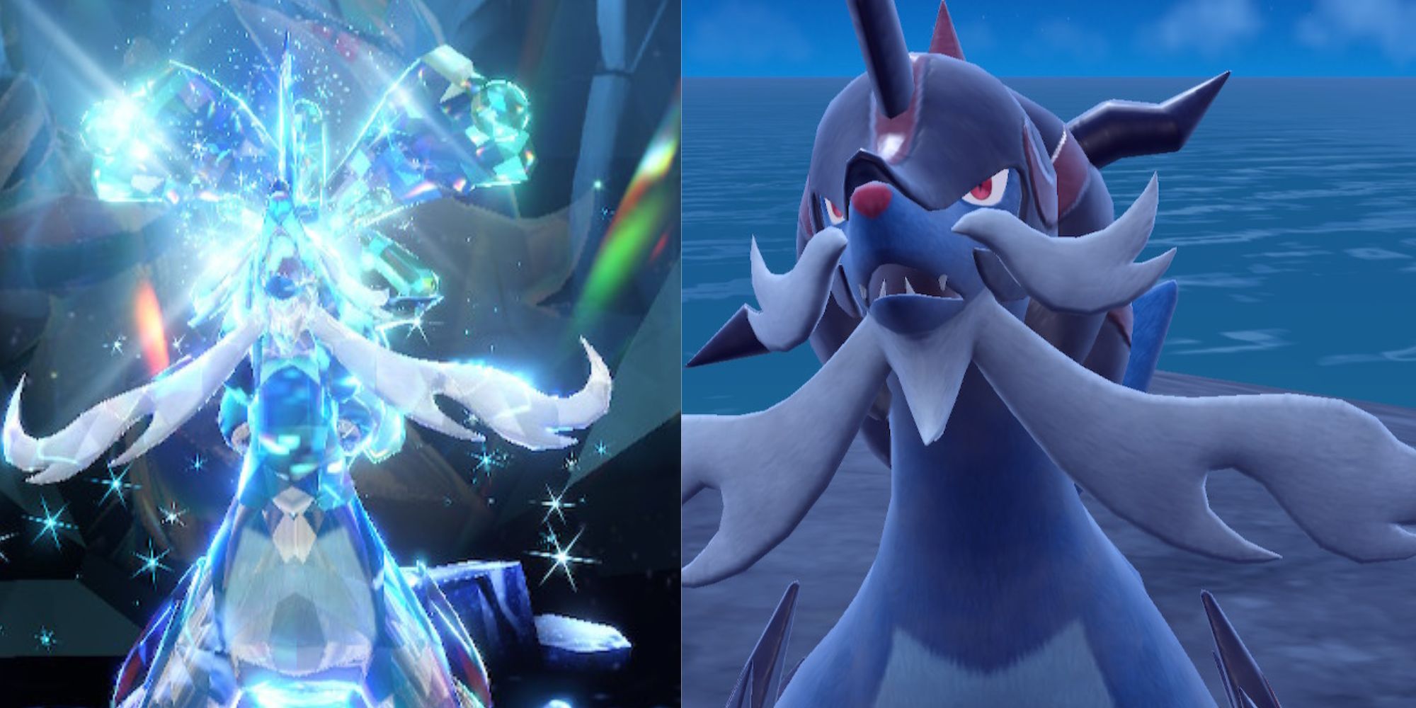 Dos capturas de pantalla de Hisuian Samurott en Pokémon Escarlata y Violeta, una normal y otra Terastalizada durante su batalla.
