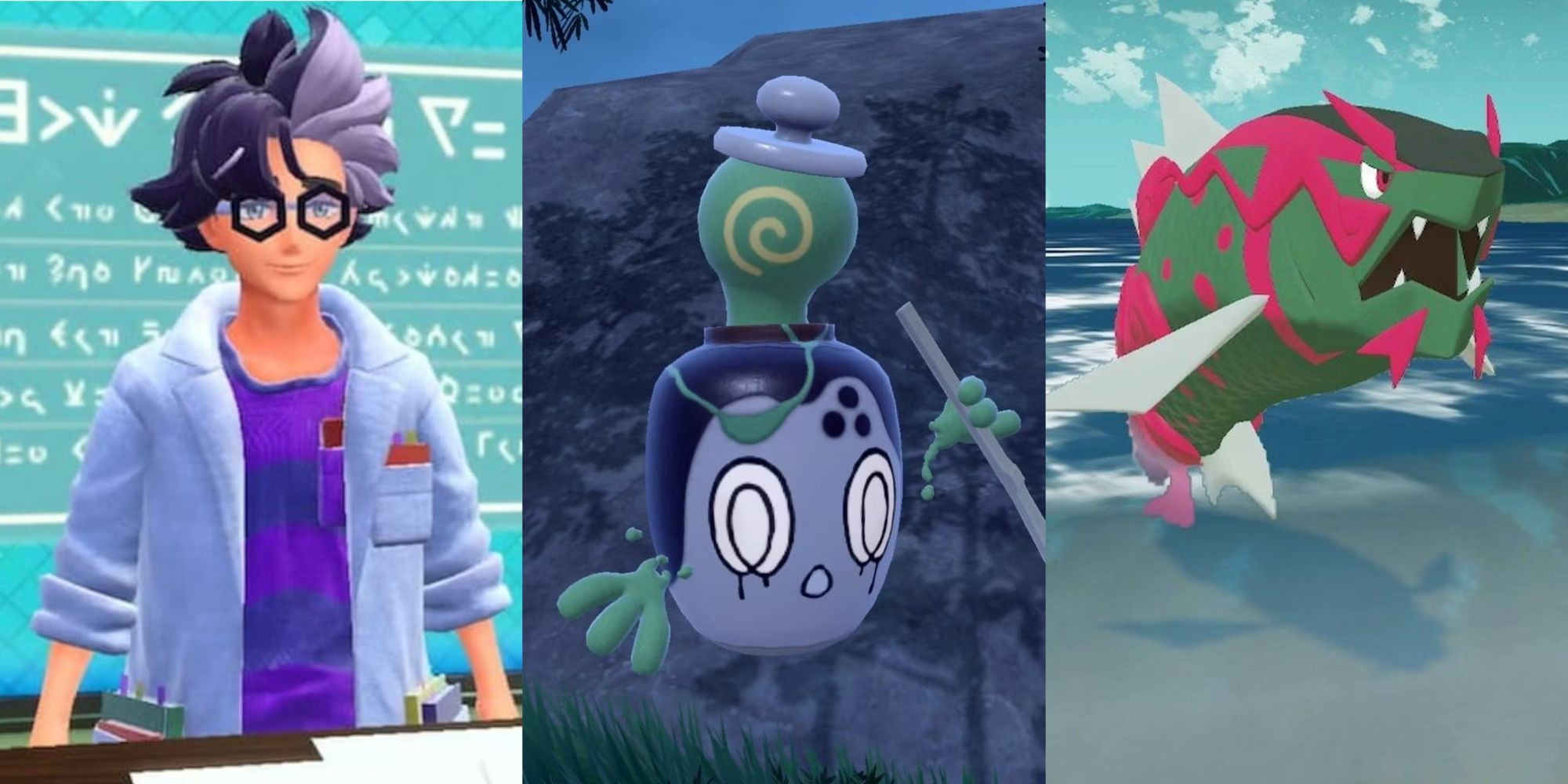 Pokémon Scarlet y Violet Jacq en el aula, Poltchageist en la naturaleza y una basculegión de rayas rojas en el agua, de izquierda a derecha.