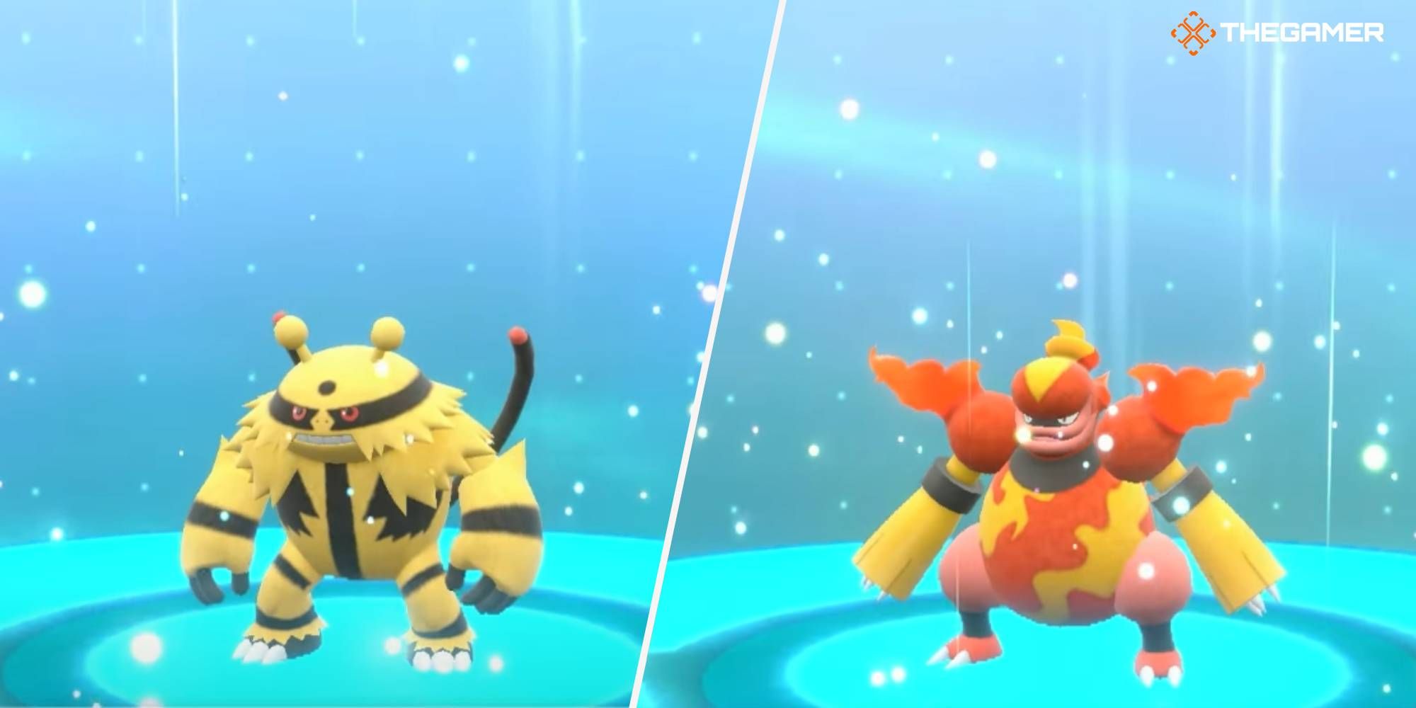Imágenes de Electivire y Magmortar evolucionaron a través de los códigos comerciales de Scarlet y Violet.