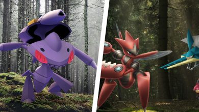 Image of Genesect in a forest split with an image of Mega Scizor, Venipede, and Vikavolt