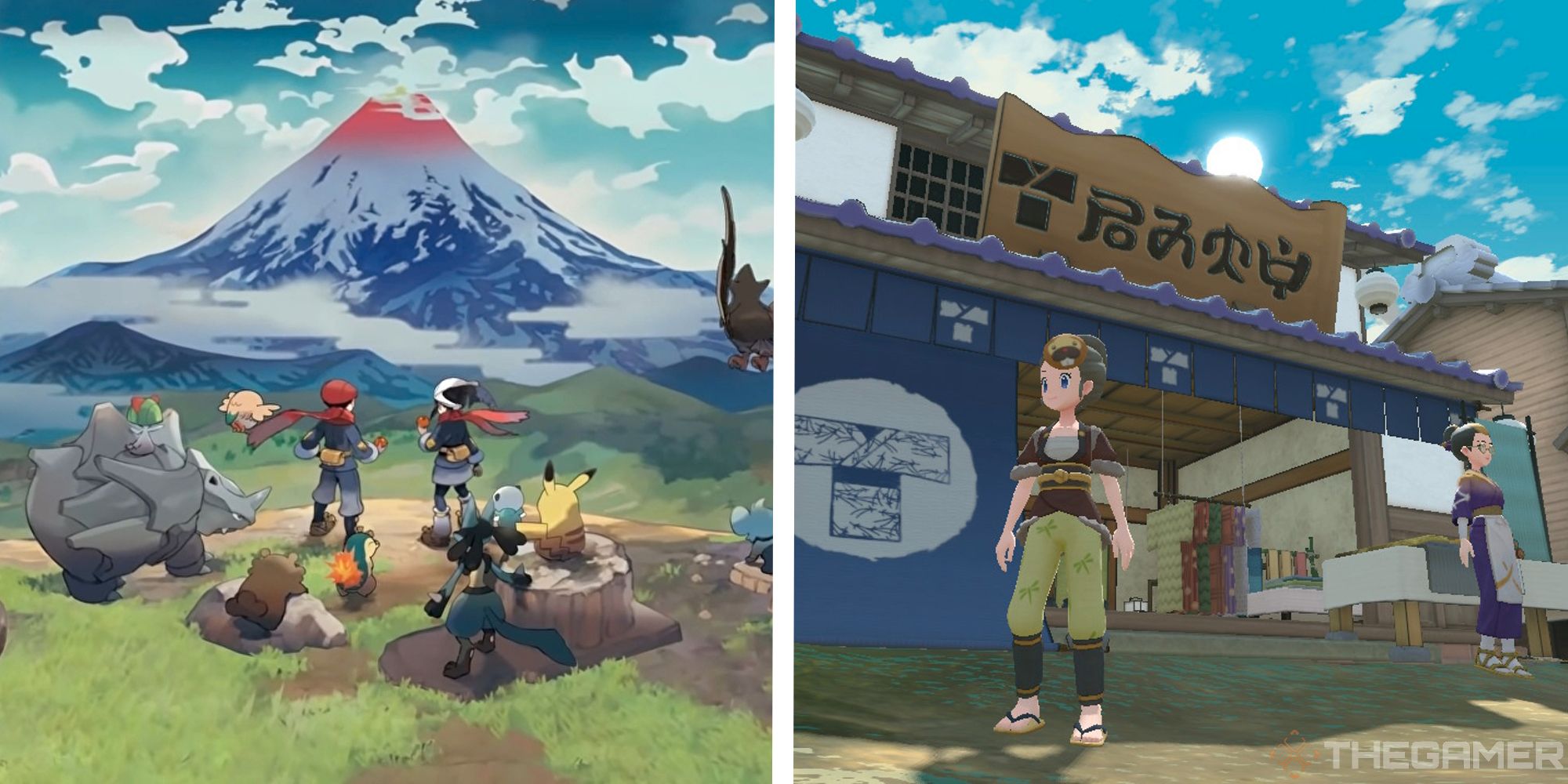 promotional art of pokemon legends arceus next to image of player near clothier in jubilife village