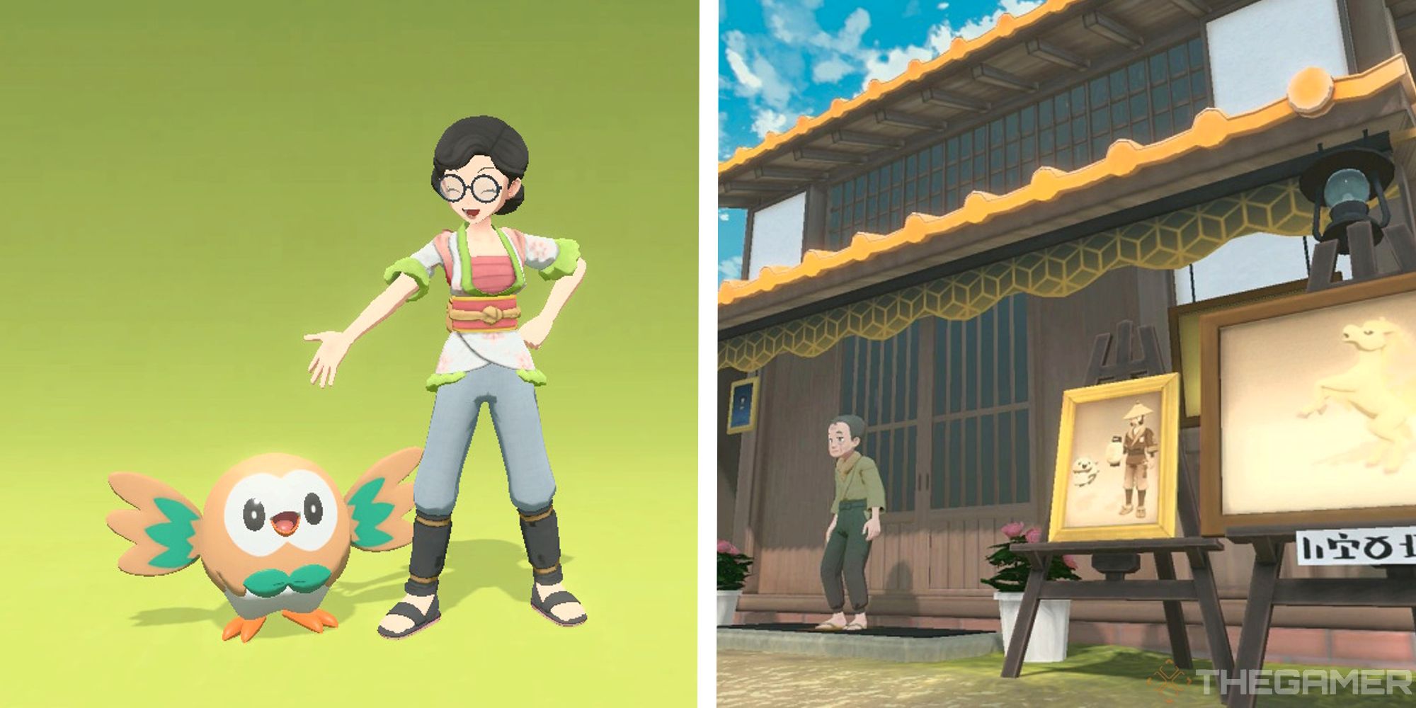 image of player posing with rowlet, next to image of photography studio exterior