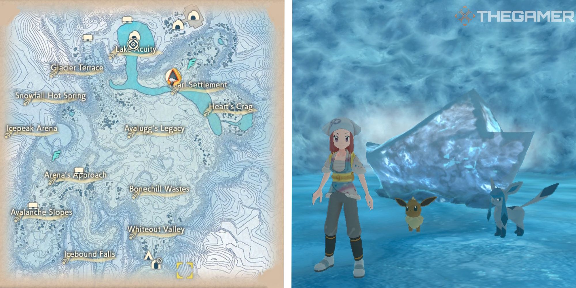 map of alabaster icelands next to image of player standing near ice rock with eevee and glaceon