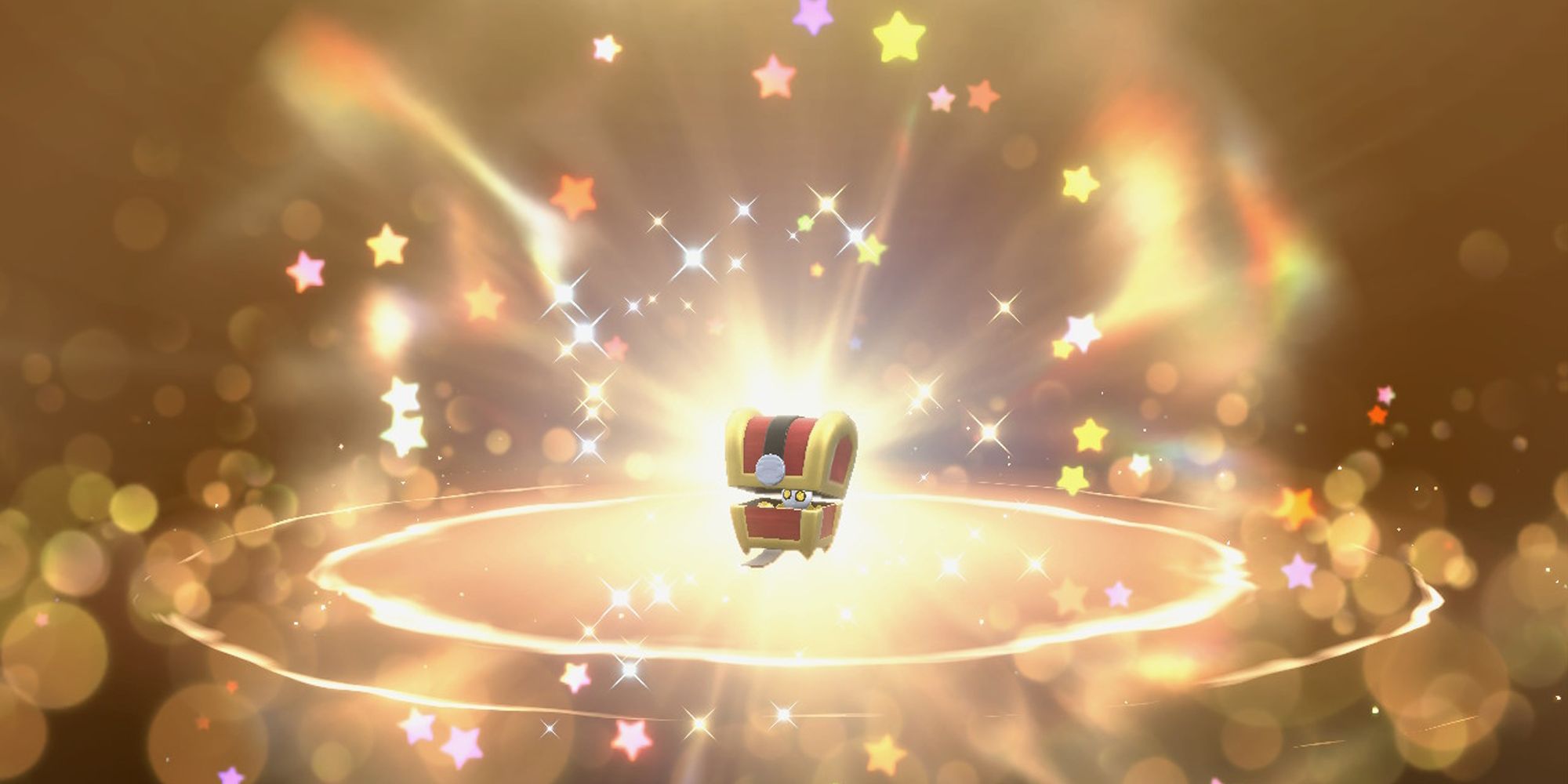 Un Gimmighoul rodeado de estrellas tal como se recibe a través de la opción de regalo misterioso en Pokémon Escarlata y Violeta.