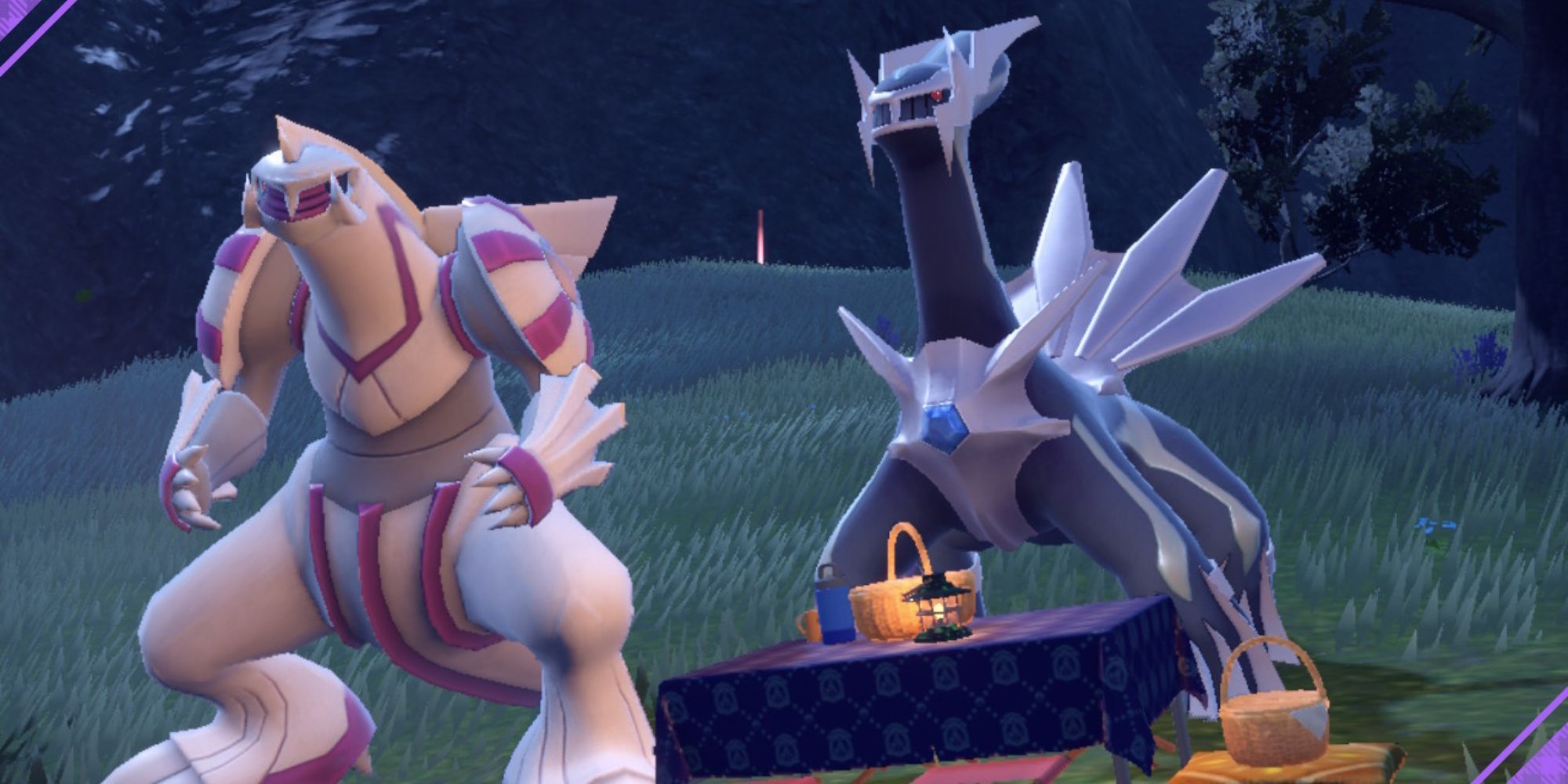 Una captura de pantalla de Palkia y Dialga en un picnic en Pokémon Escarlata y Violeta.