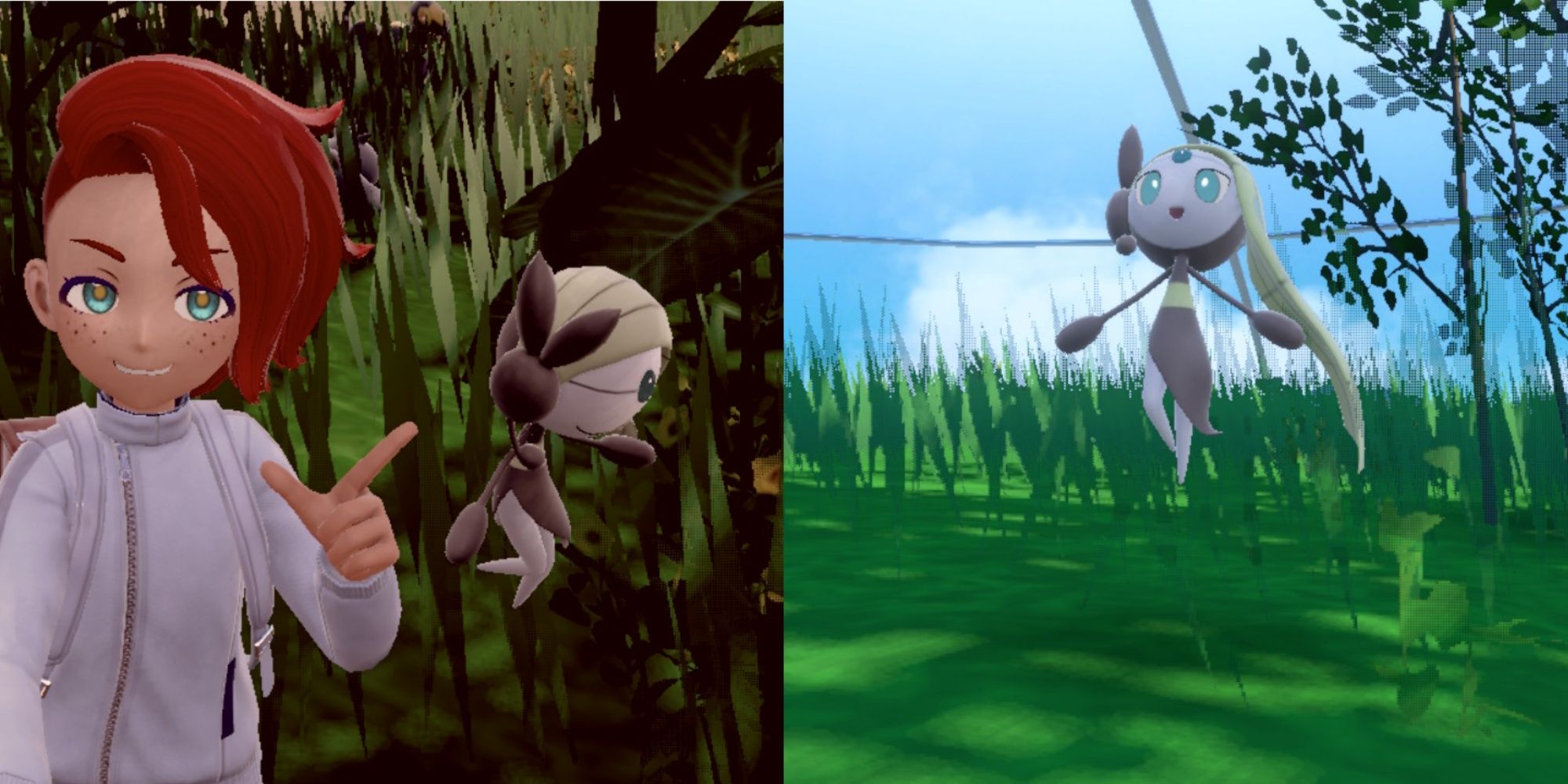 Un collage que muestra a un entrenador de Pokémon Escarlata y Violeta posando con Meloetta en un filtro Sepia y Meloetta apareciendo en el Terrario de Disco Indigo.