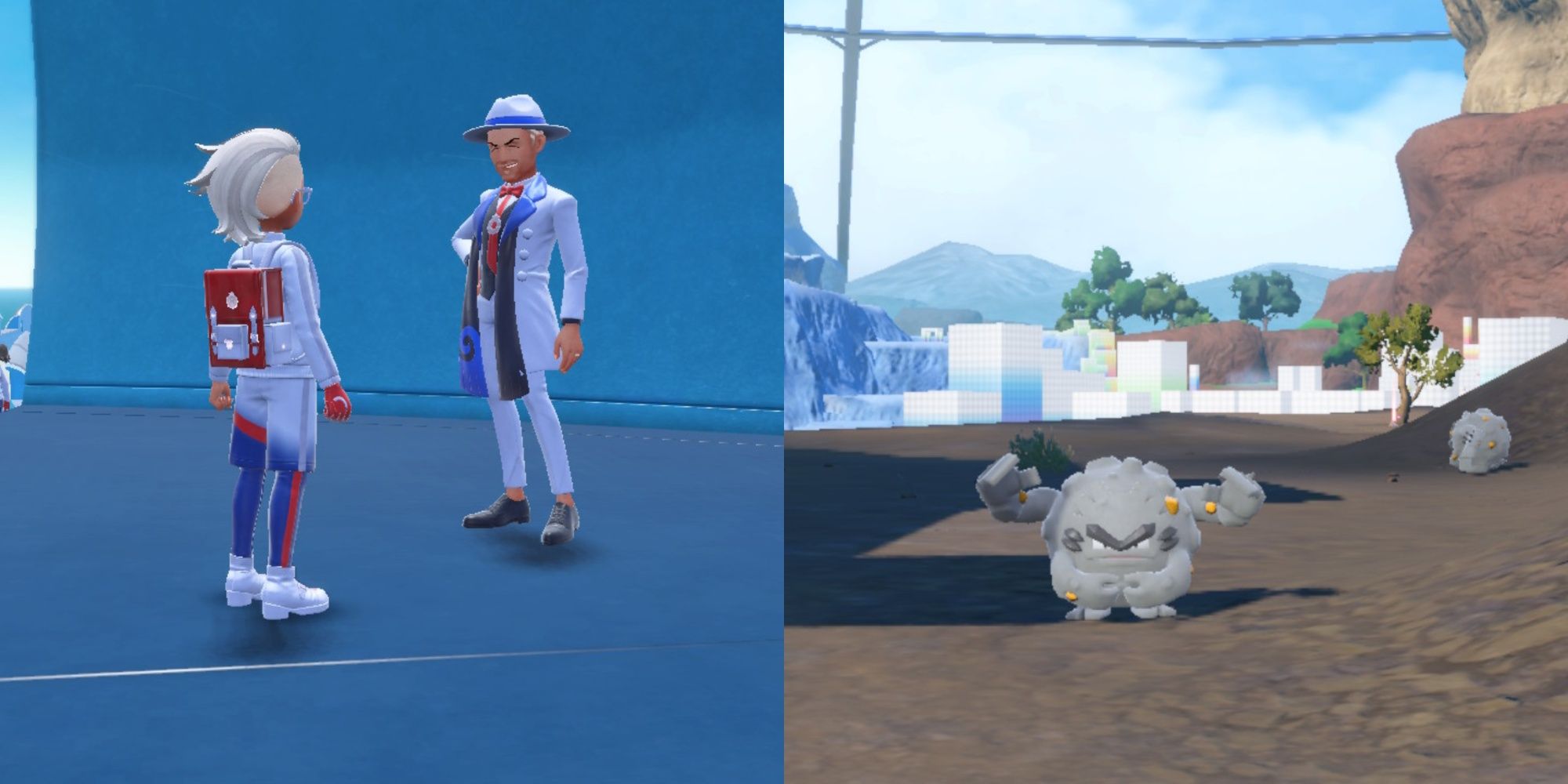 Imagen de collage del personaje principal hablando con el director Cyrano y un Alolan Graveler deambulando salvajemente.