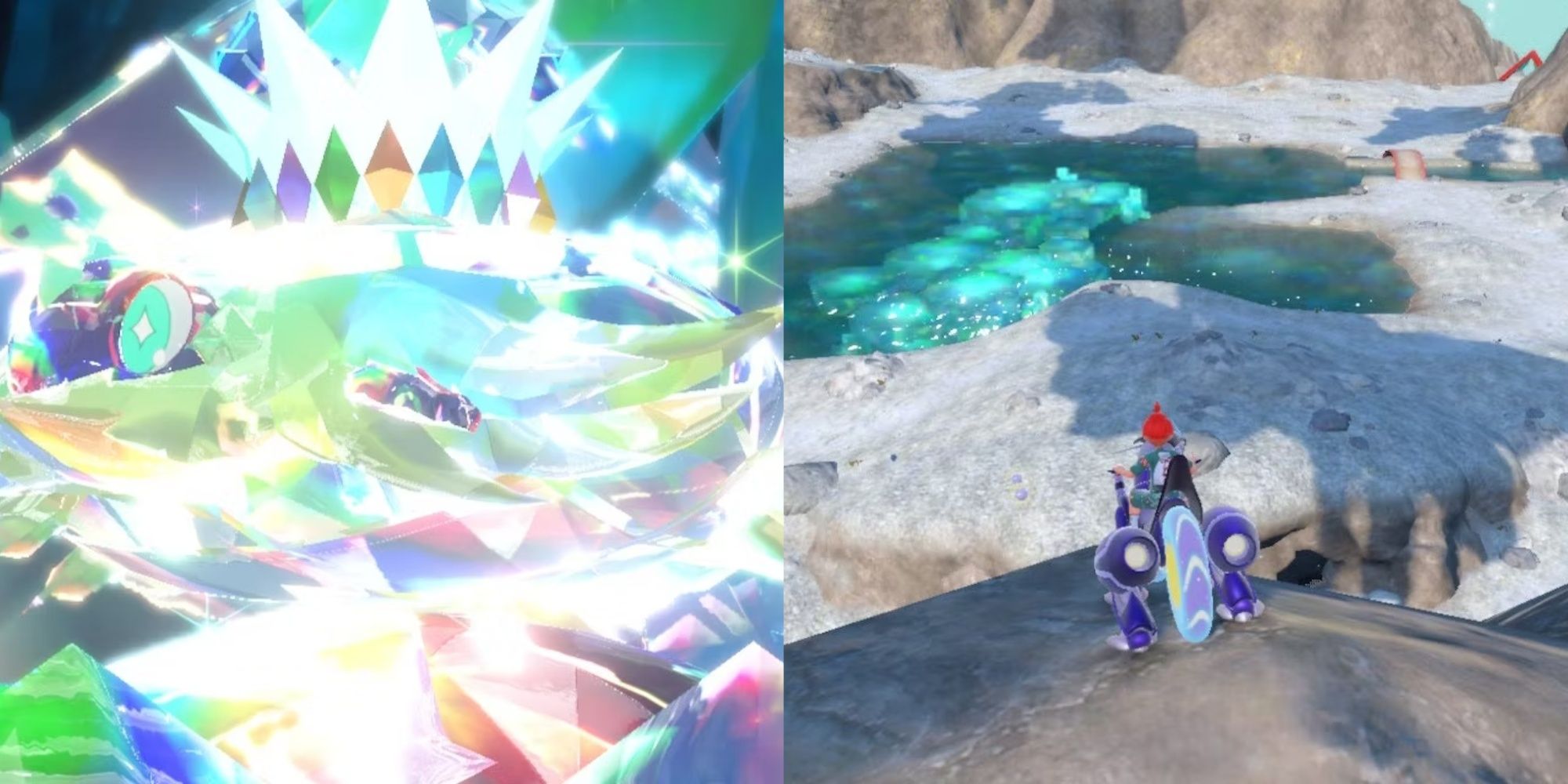 Pokémon Scarlet y Violet Terapagos después de la terastalización y Miraidon y el jugador en Crystal Pools, de izquierda a derecha.