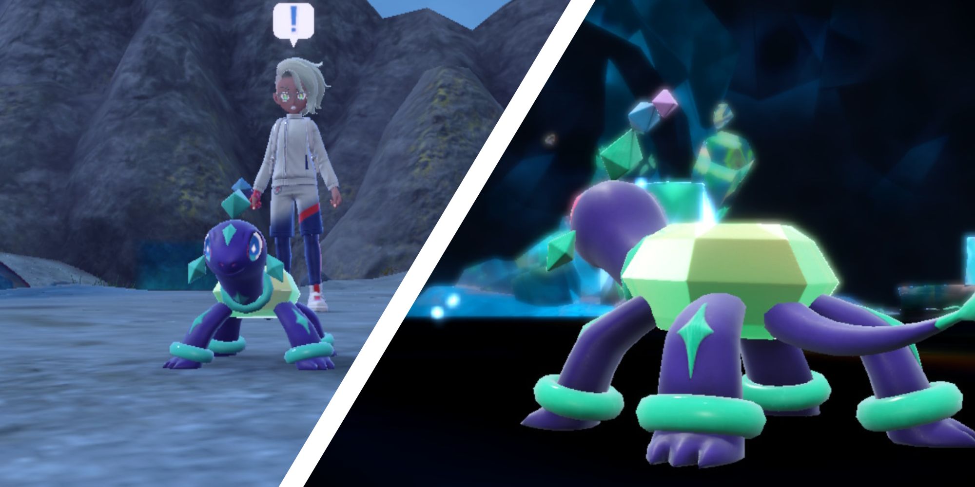 Imagen de collage de Terapagos y un entrenador Pokémon, y terápagos desde atrás en Pokémon Scarlet & Violet.