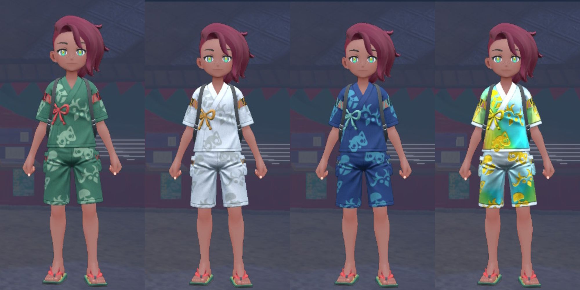 Una serie de capturas de pantalla de Pokémon Scarlet y Violet que muestran los diferentes trajes jinbei.