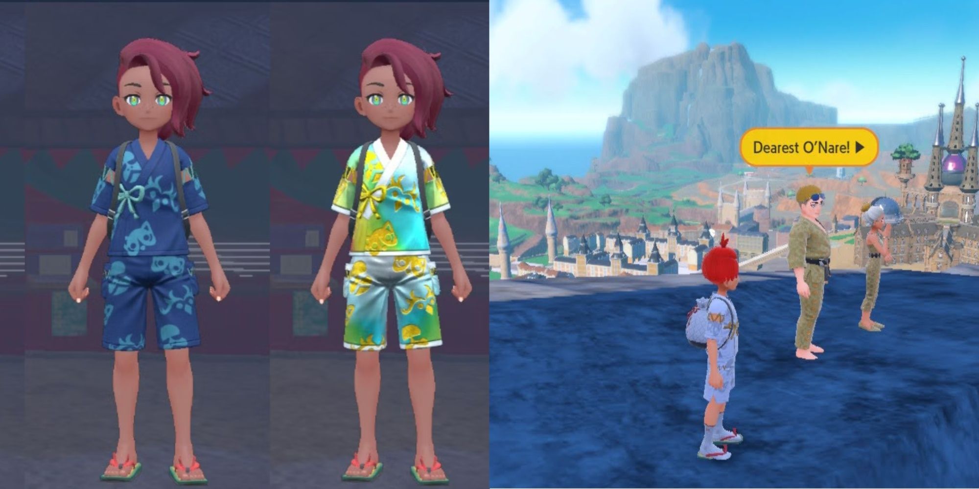 Jugador de Pokémon Escarlata y Violeta con un llamativo jinbei y de pie junto a billy y o;nare en el gran cráter de paldea, de izquierda a derecha.