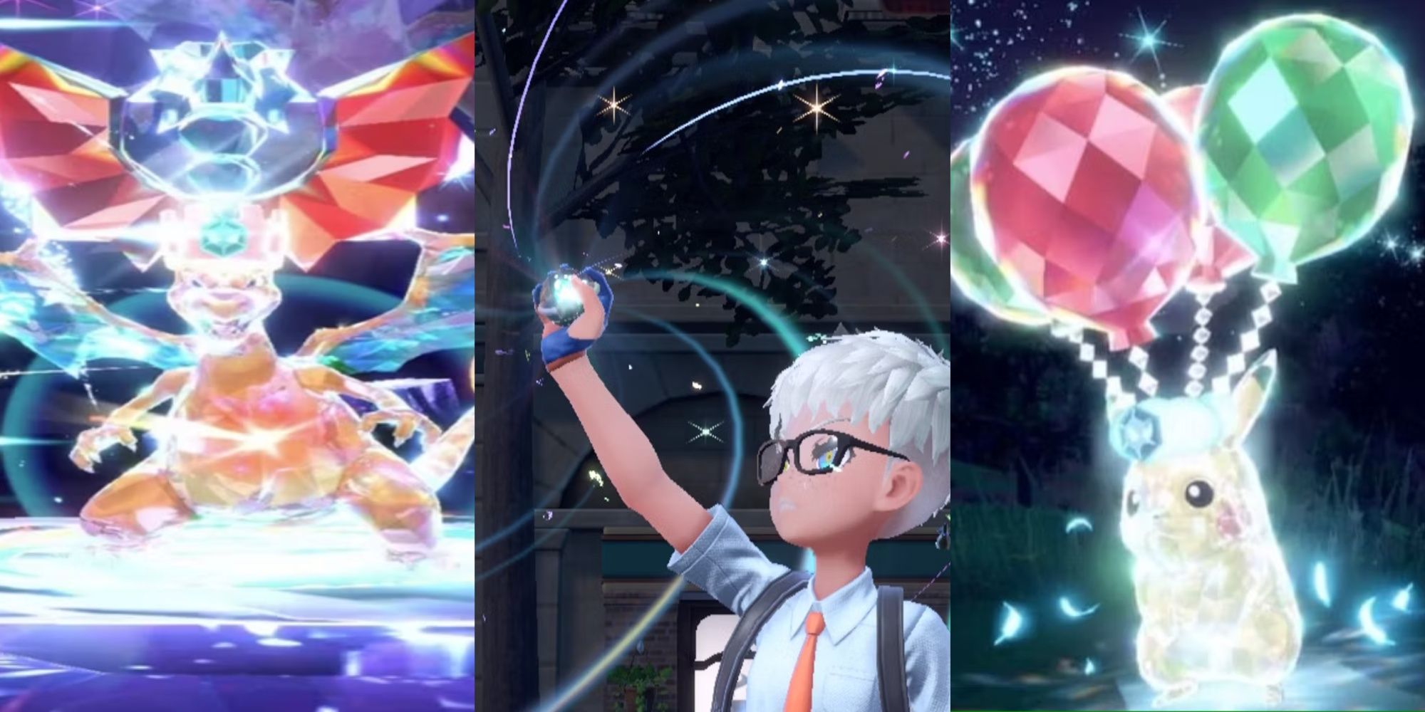 Charizard en una incursión Tera como tipo dragón, su entrenador sosteniendo un orbe Tera y Pikachu terrastalizado como tipo volador, de izquierda a derecha.