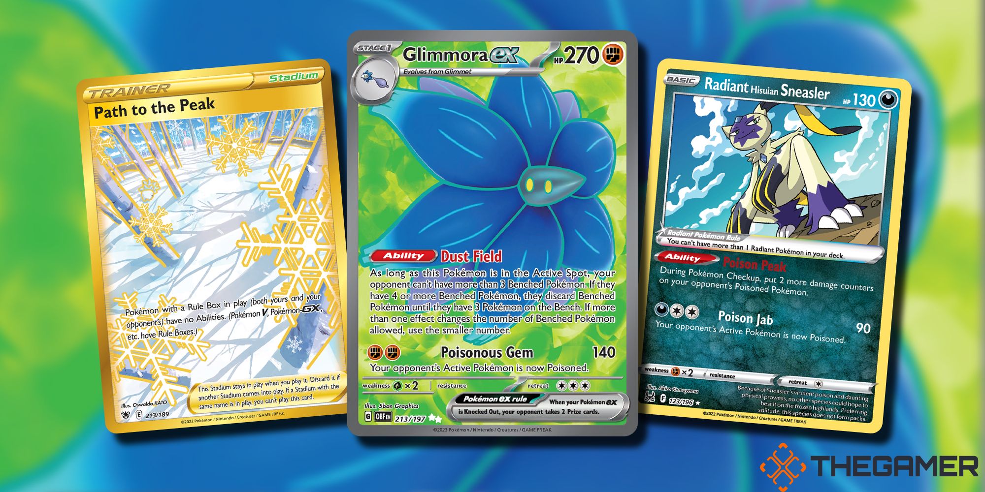 Pokémon TCG Glimmora ex, Path to the Peak y Radiant Hisuian Sneasler Cards