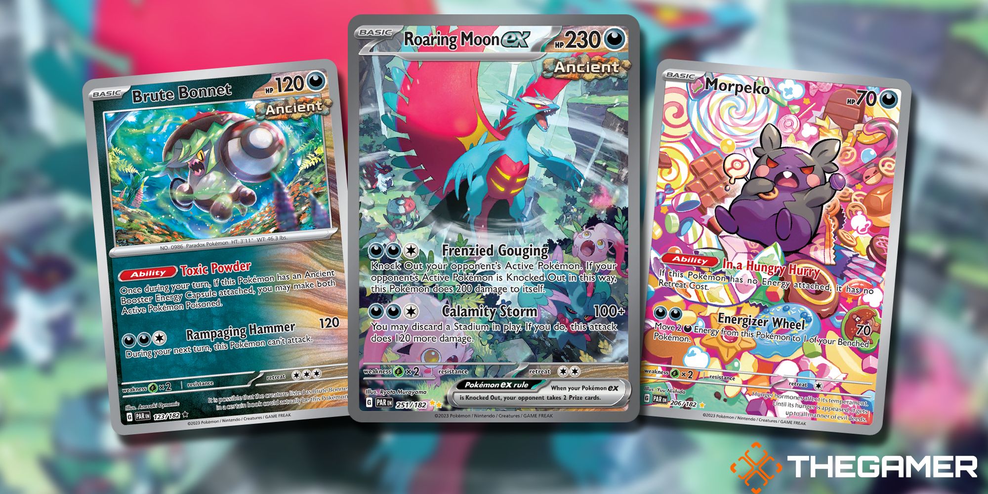 Imagen de collage de Pokémon TCG que muestra las cartas Roaring Moon, Brute Bonnet y Morpeko.