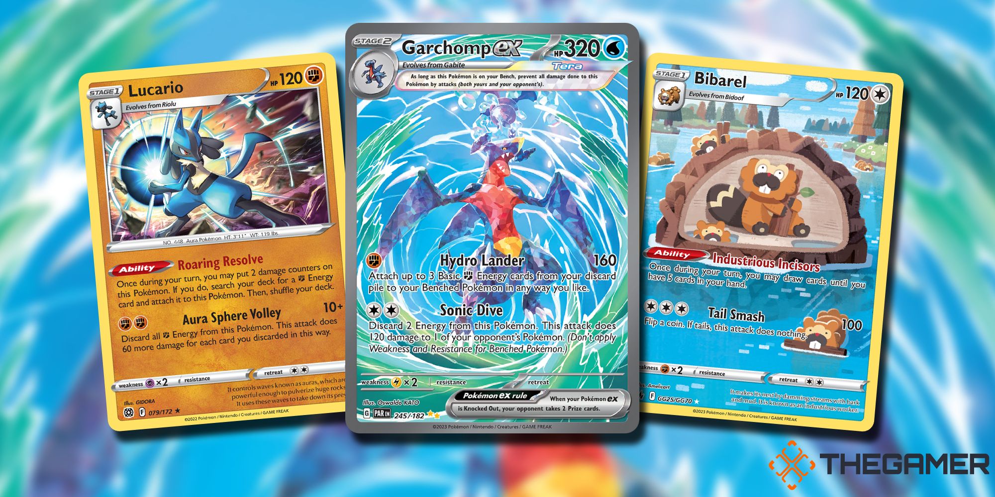 Cartas de Lucario, Garchomp Ex y Bibarel de JCC Pokémon