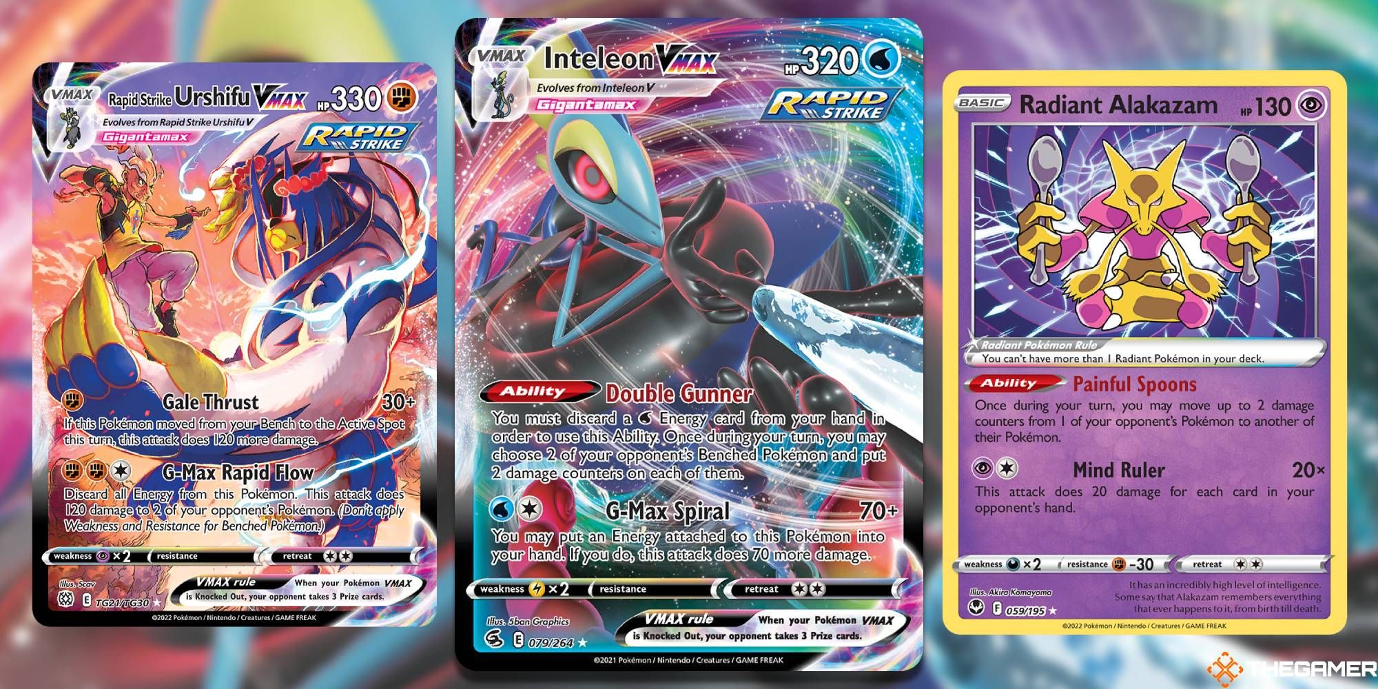 Inteleon VMAX con Radiant Alakazam y Rapid Strike Urshifu VMAX de Pokémon TCG