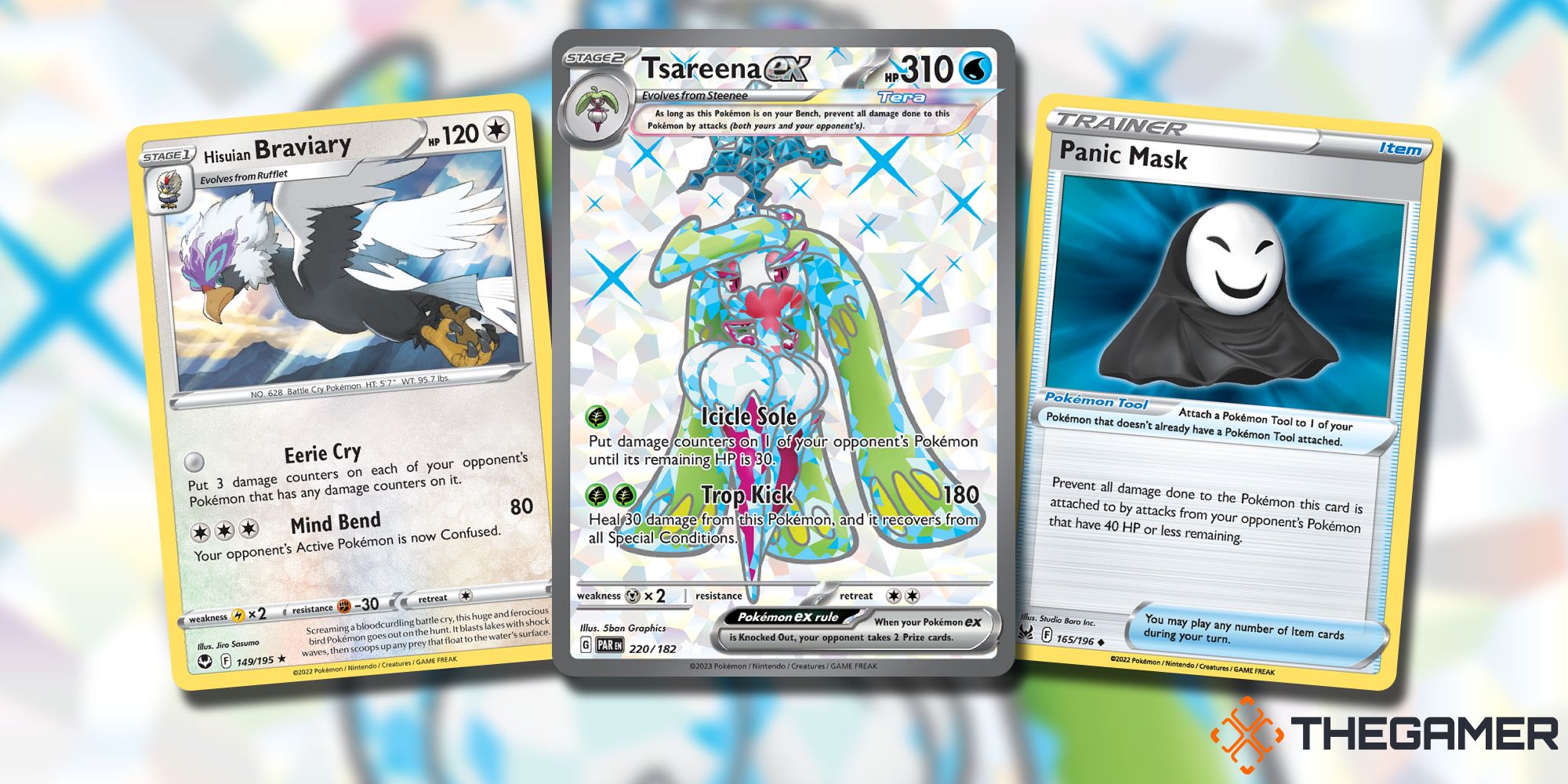 Tarjetas de Pokémon TCG Tsareena, Hisuian Braviary y Panic Mask