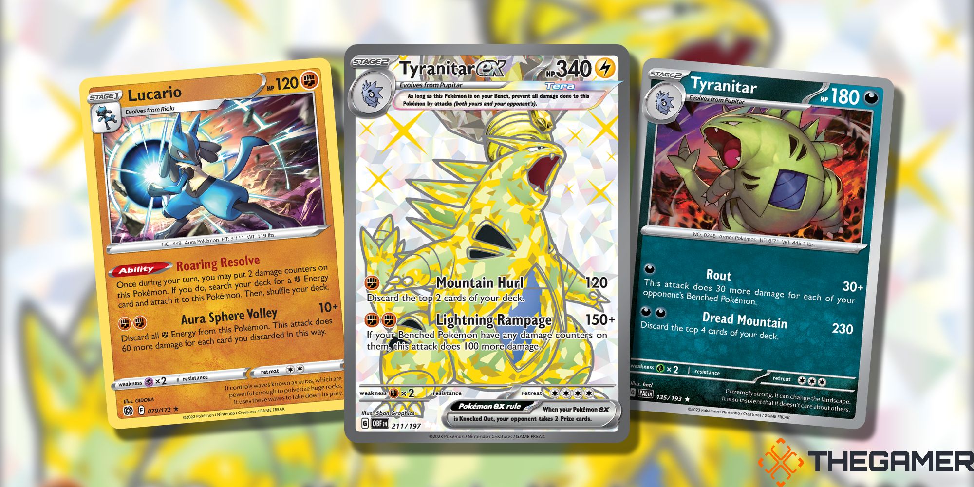 Cartas de Tyranitar ex, Tyranitar y Lucario de JCC Pokémon