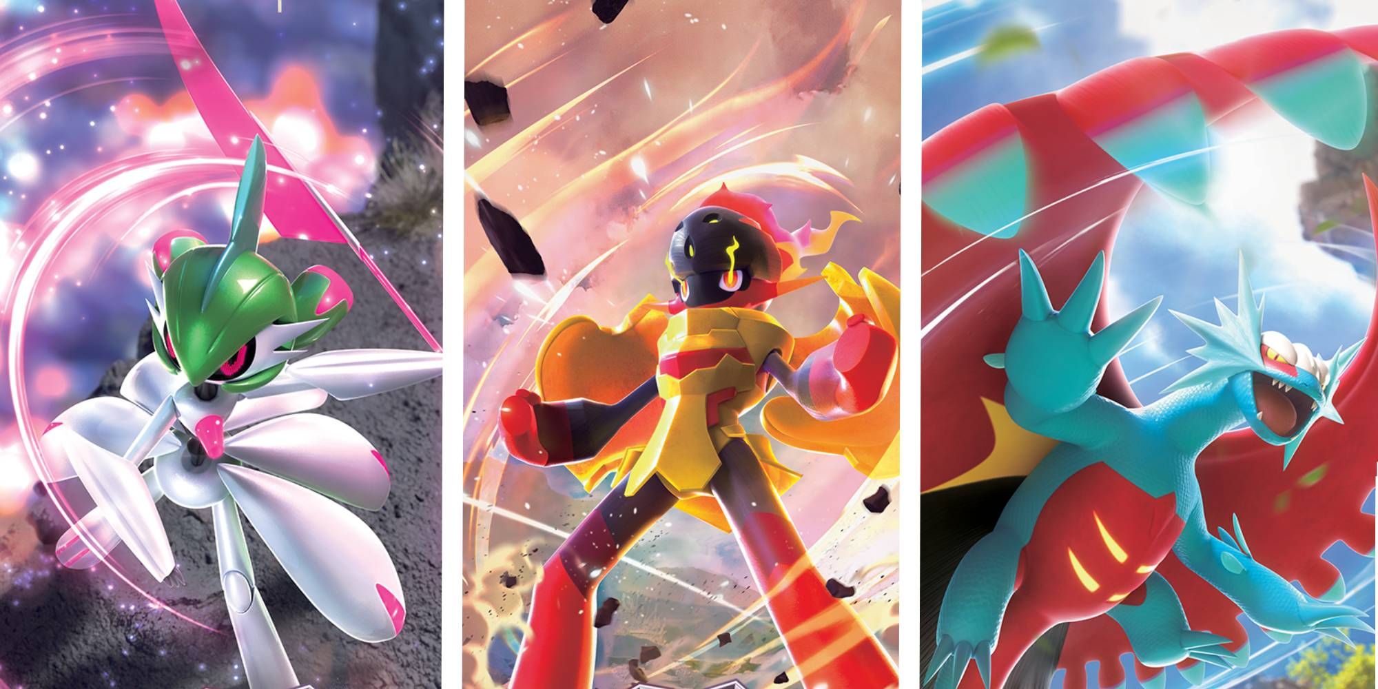 Cartas ex Paradox Rift de JCC Pokémon Iron Valiant, Armarogue y Roaring Moon