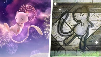 An image of Mew in a firework filled sky split with an image of Mew's Mural