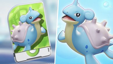 Image of the Lapras Unite License split with an image of Lapras from Pokemon