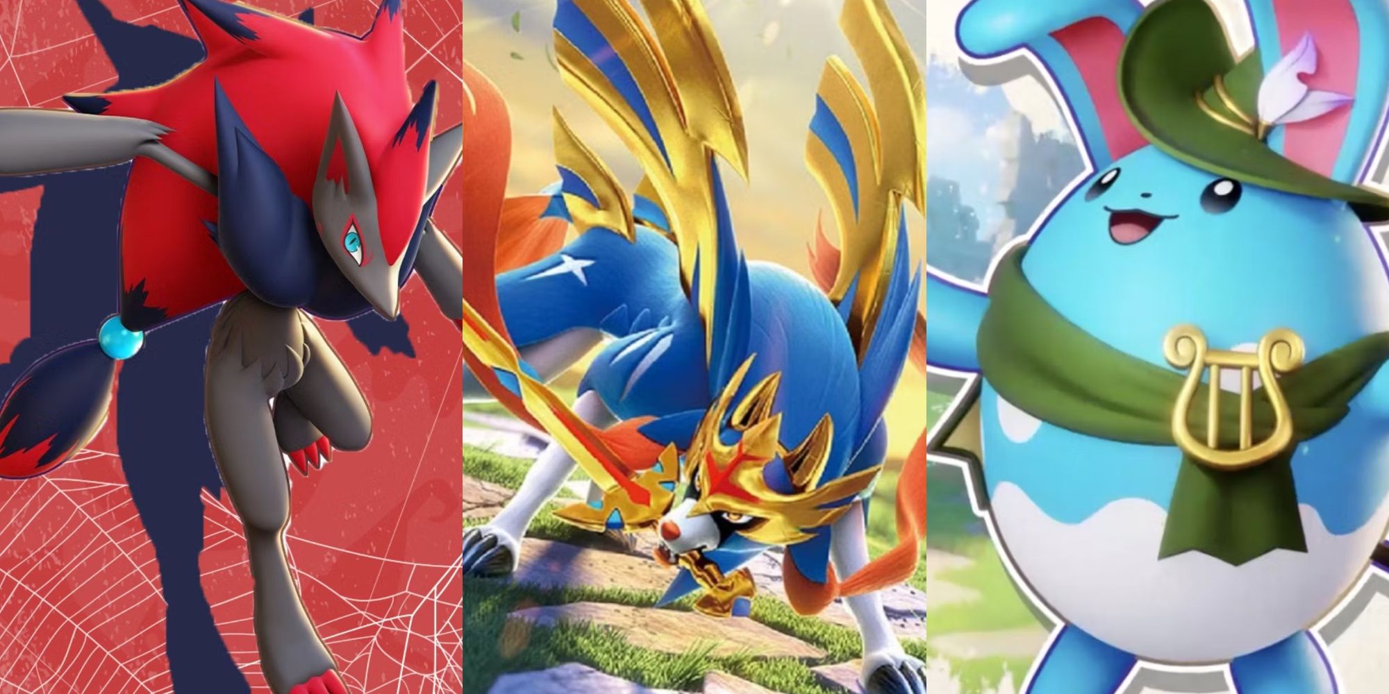 Una imagen dividida de Zoroark, Zacian y Azumarill en Pokémon Unite.