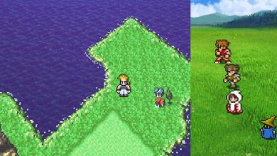 A collage of Sabin from Final Fantasy 6 on the world map and the four heroes from Final Fantasy 3 fighting in the Final Fantasy Pixel Remaster.