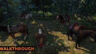 Geralt stands in a pen in the woods, with four horses surrounding him.