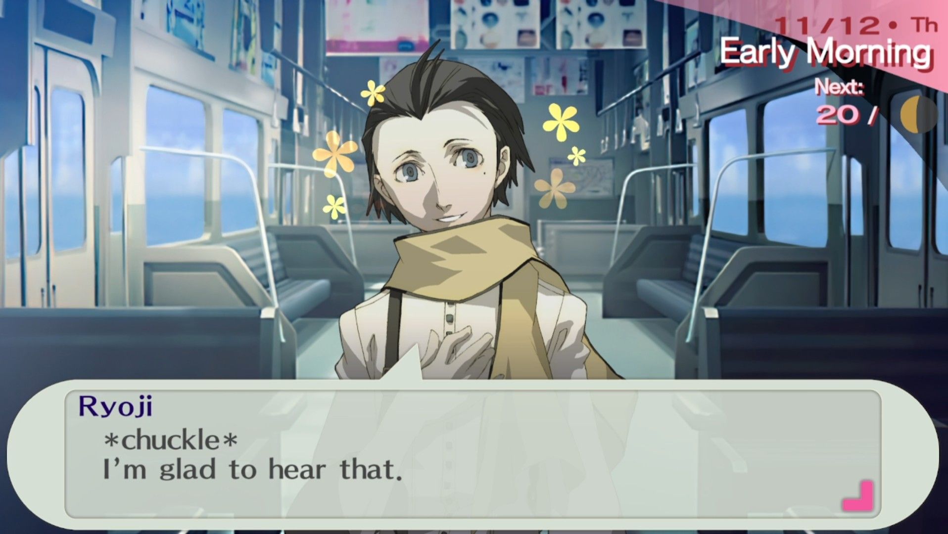 ryoji sonriendo rodeado de flores en el monorriel a la escuela con la protagonista femenina en persona 3 portable