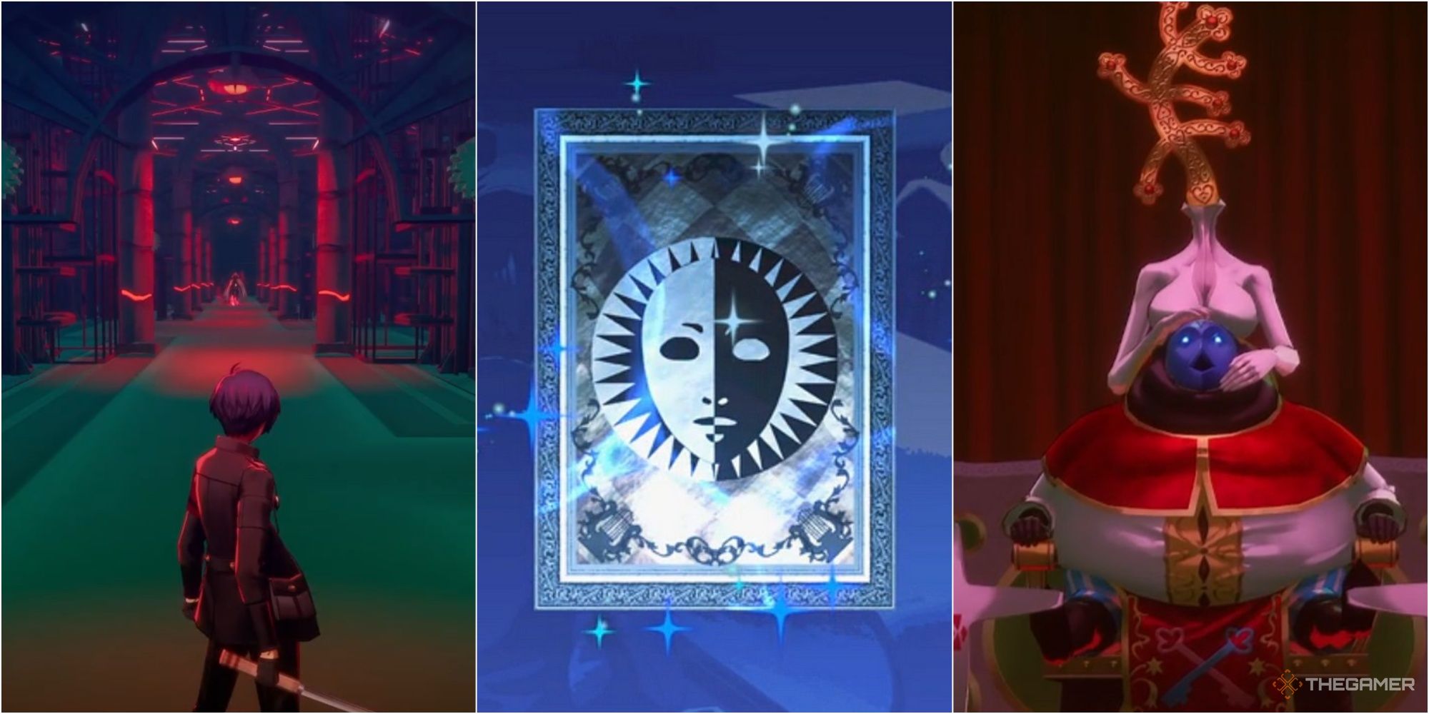 el protagonista en una puerta de mónada a punto de luchar contra una carta del tarot arcano y el jefe hierofante de la luna llena batalla persona 3 recarga las cartas de los arcanos mayores explicadas p34