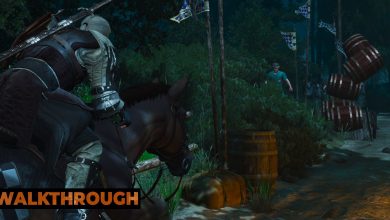 Geralt rides Roach down a road with some barrels spilling onto the road.