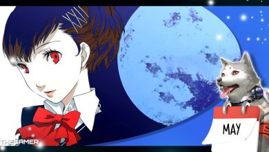 persona 3 portable's female protagonist in front of the full moon from the p3p menu with our blue koromaru frame, with koro-chan wearing a calendar that displays the month of may