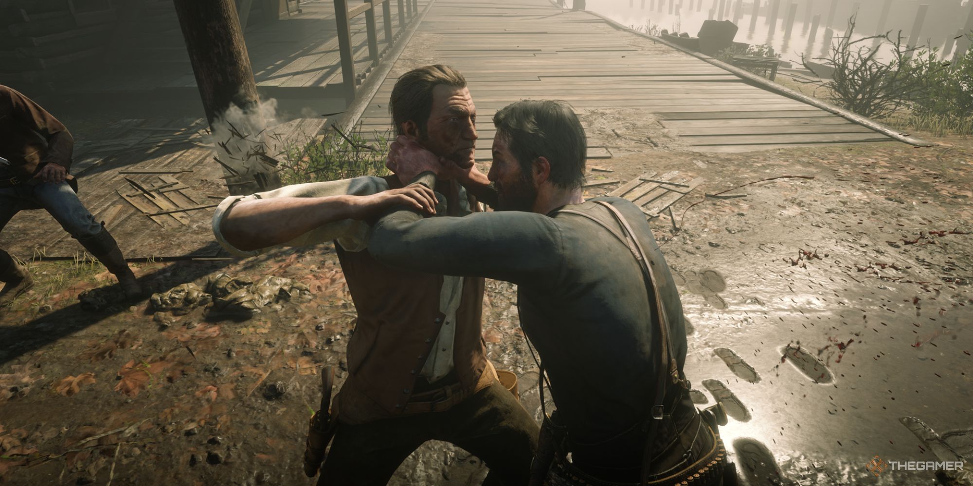 Red Dead Redemption 2 John Asfixiando a un hombre peleando a puñetazos Imagen destacada