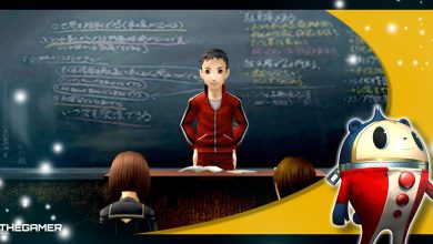 Persona 4 Golden - A teacher standing at the front of the classroom with a Teddie overlay in the bottom corner.