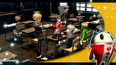 Persona 4 Golden - Yosuke, Yukiko, Chie, and Yu all chatting in class with a Teddie overlay in the corner.