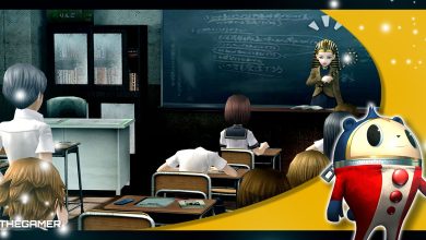 Persona 4 Golden - Yu standing up in class to answer a question with a Teddie overlay in the corner.