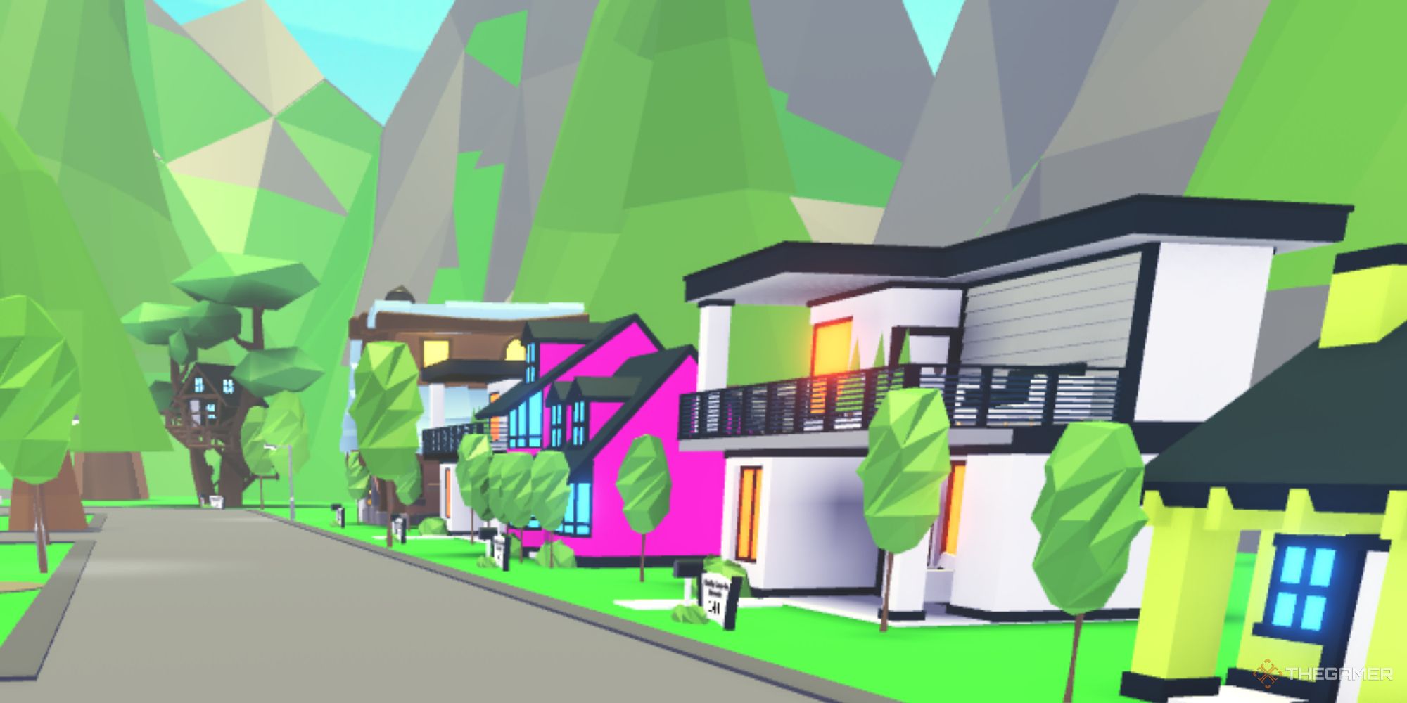 Una captura de pantalla del juego Roblox: Adopt Me que muestra una calle llena de casas de diferentes formas, tamaños y colores.  Árboles, follaje y superficies rocosas rodean la casa.