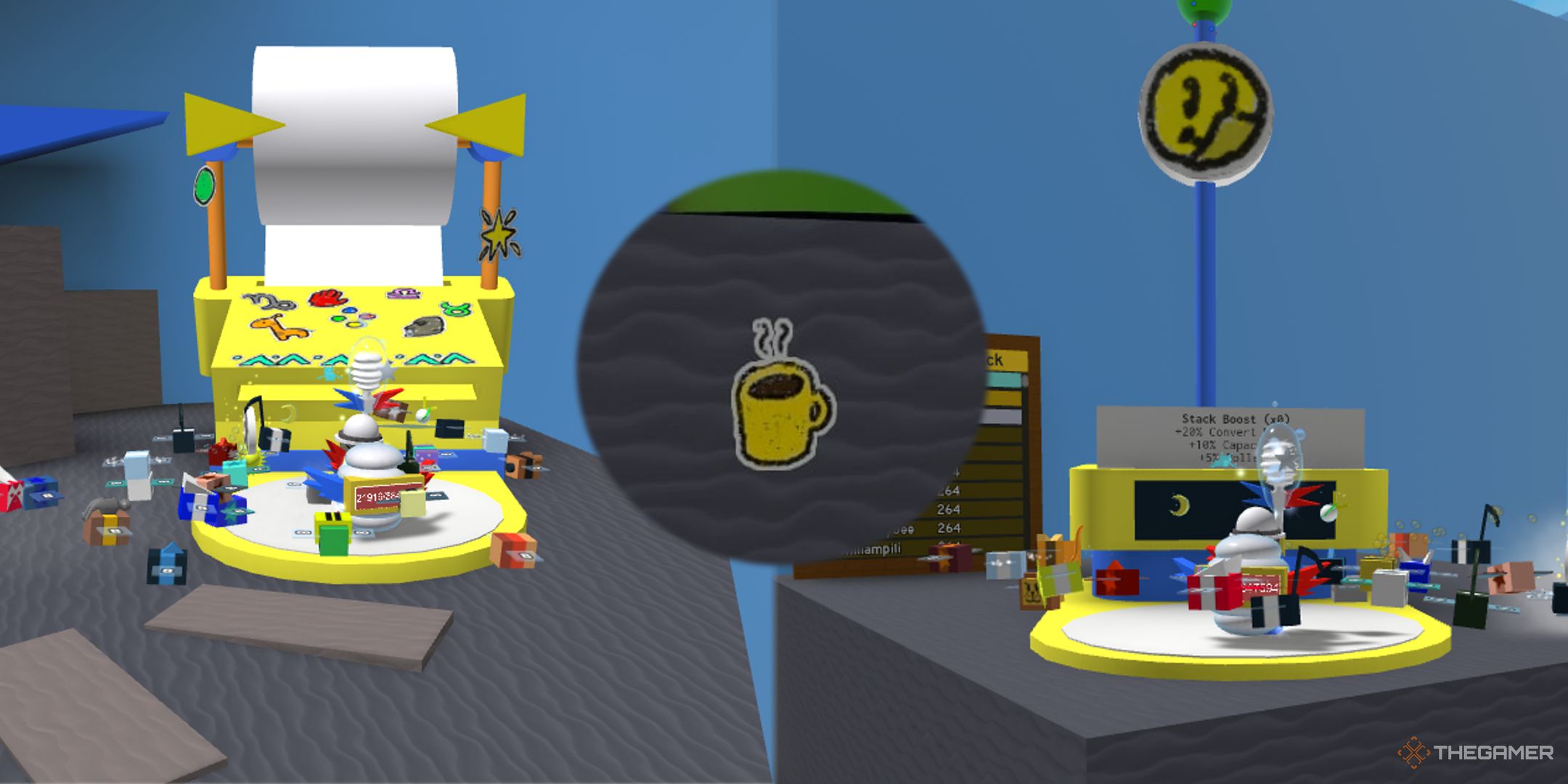 La impresora de pegatinas (izquierda), la pila de pegatinas (derecha) y la pegatina de café en el medio en Bee Swarm Simulator en Roblox.