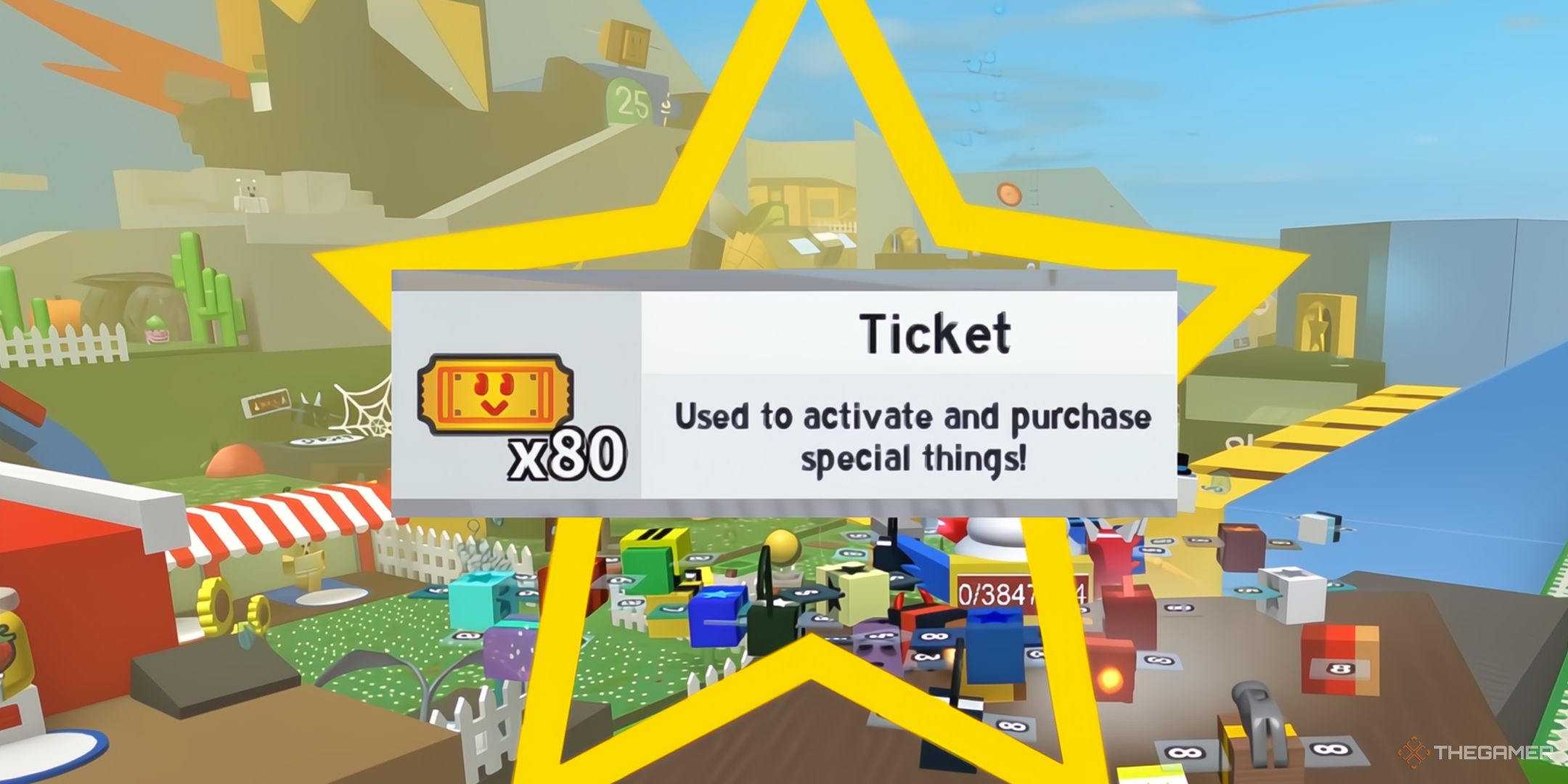 Con vistas al Bee Swarm Simulator con el elemento Ticket en primer plano en Roblox.